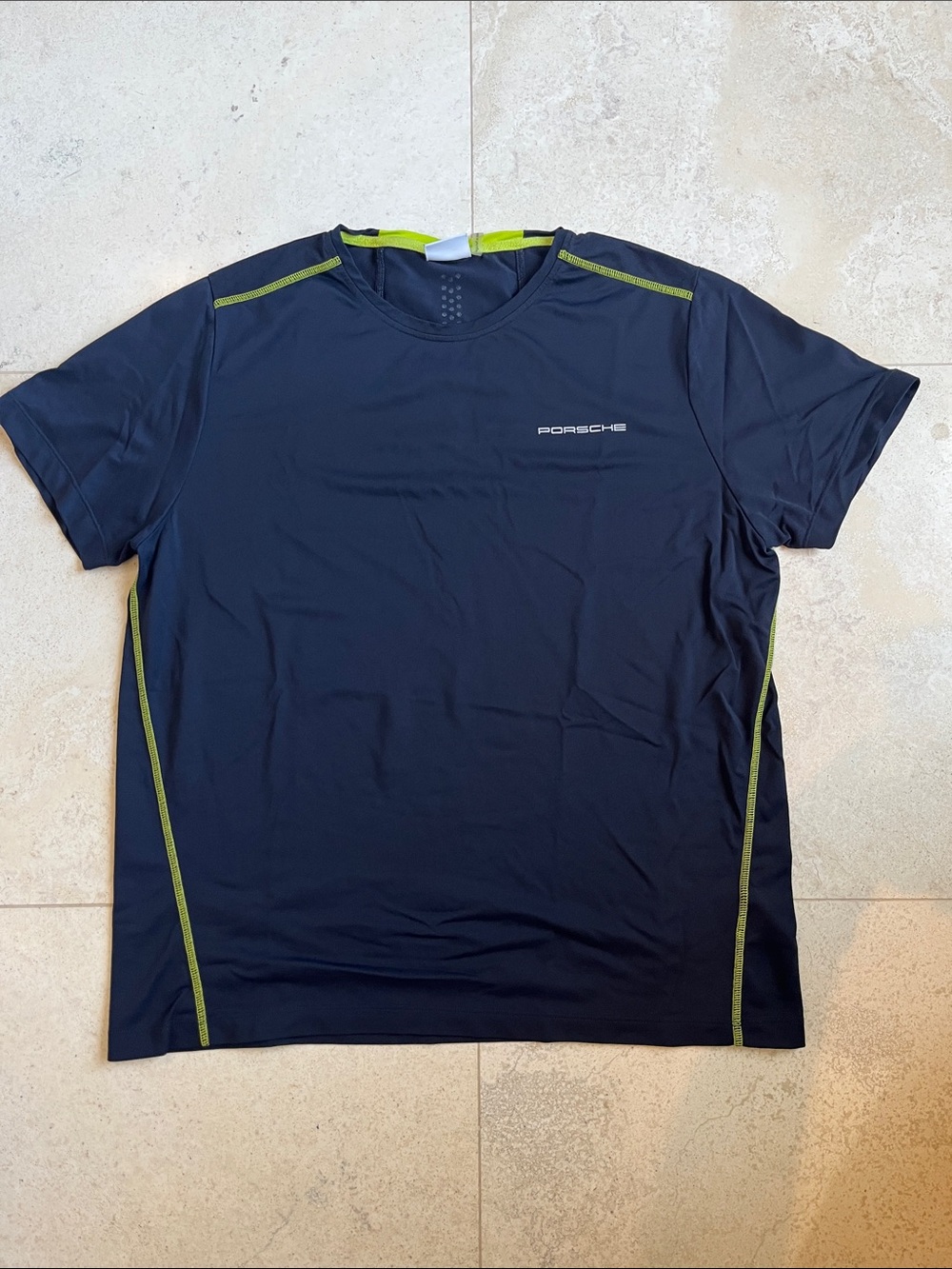 Porsche Driver’s Selection Navy Athletic Tee with Lime Stitching Sz L